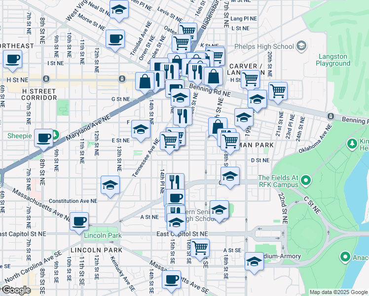map of restaurants, bars, coffee shops, grocery stores, and more near 101 Independence Avenue Southeast in Washington