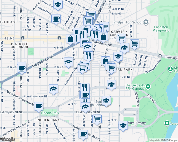 map of restaurants, bars, coffee shops, grocery stores, and more near 101 Independence Avenue Southeast in Washington