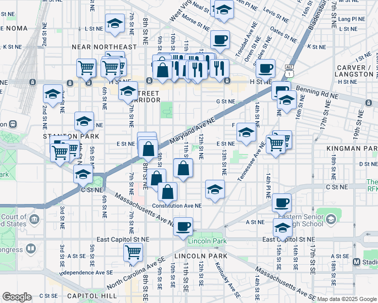 map of restaurants, bars, coffee shops, grocery stores, and more near 101 Independence Avenue Southeast in Washington