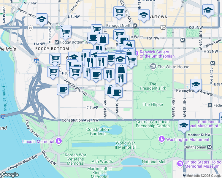 map of restaurants, bars, coffee shops, grocery stores, and more near 101 Independence Avenue Southeast in Washington
