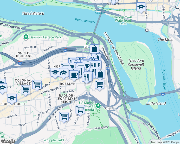 map of restaurants, bars, coffee shops, grocery stores, and more near 101 Independence Avenue Southeast in Washington