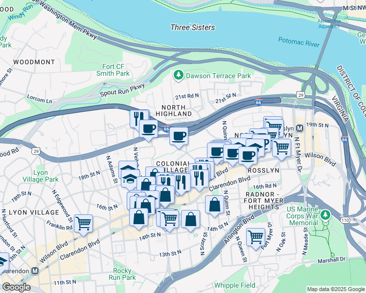 map of restaurants, bars, coffee shops, grocery stores, and more near 1914 North Rhodes Street in Arlington