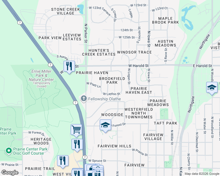 map of restaurants, bars, coffee shops, grocery stores, and more near 920 West Layton Street in Olathe
