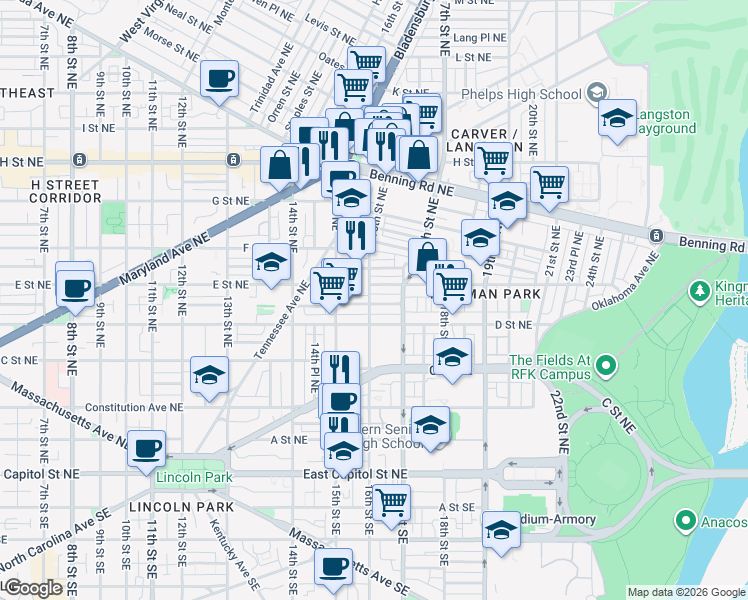 map of restaurants, bars, coffee shops, grocery stores, and more near 101 Independence Avenue Southeast in Washington