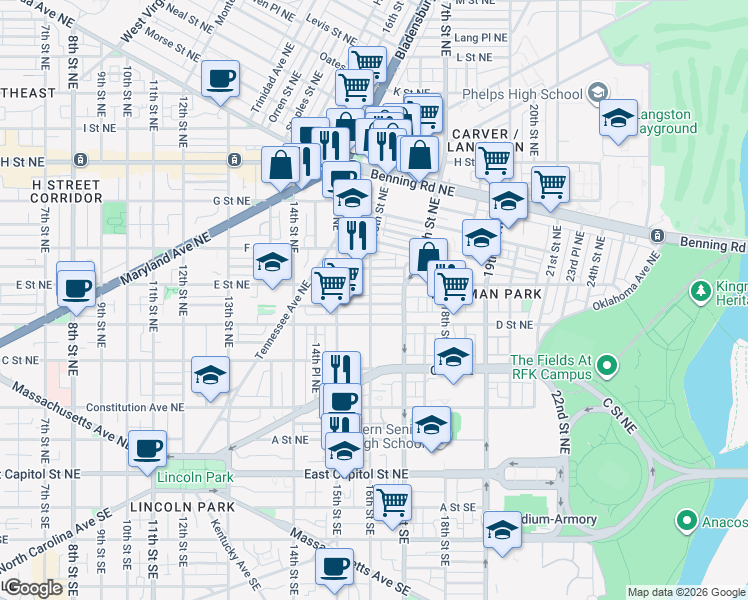 map of restaurants, bars, coffee shops, grocery stores, and more near 101 Independence Avenue Southeast in Washington