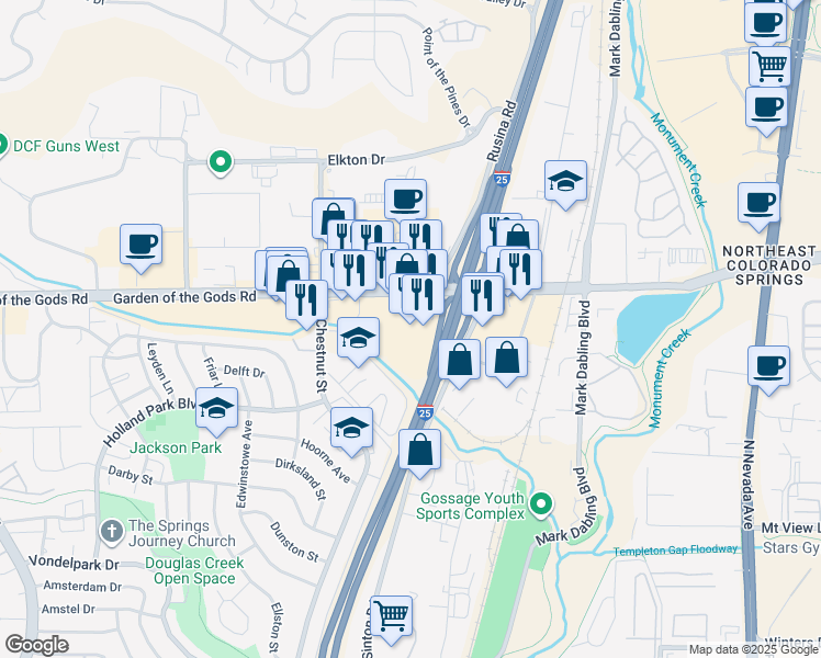 map of restaurants, bars, coffee shops, grocery stores, and more near 503 Garden of the Gods Rd W in Colorado Springs