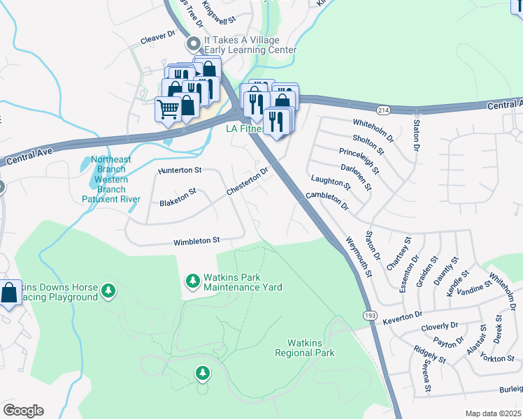 map of restaurants, bars, coffee shops, grocery stores, and more near 140 Old Enterprise Road in Upper Marlboro
