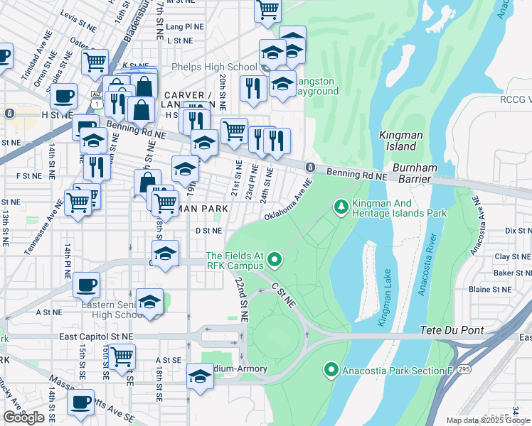 map of restaurants, bars, coffee shops, grocery stores, and more near 404 Oklahoma Avenue Northeast in Washington