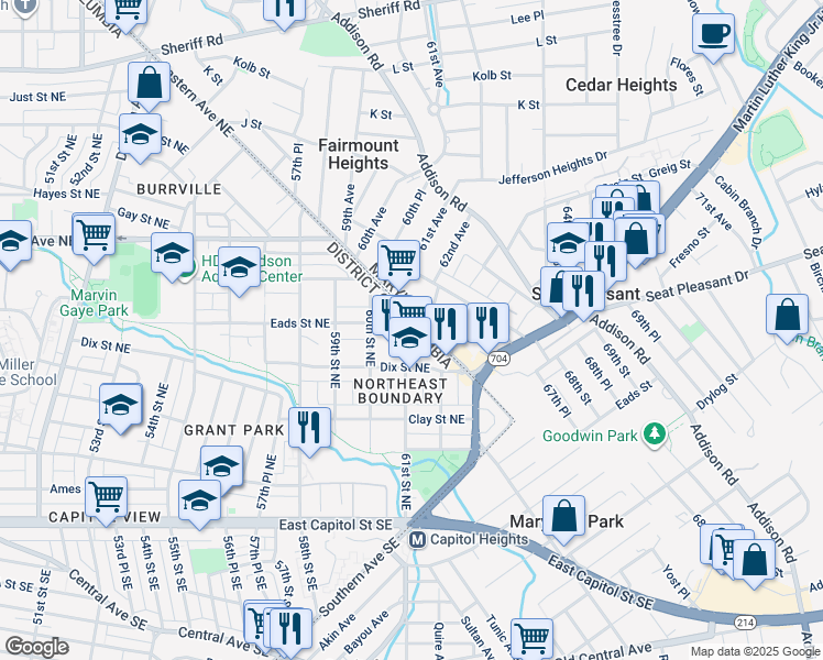 map of restaurants, bars, coffee shops, grocery stores, and more near 435 61st Street Northeast in Washington