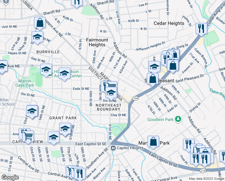 map of restaurants, bars, coffee shops, grocery stores, and more near 435 61st Street Northeast in Washington