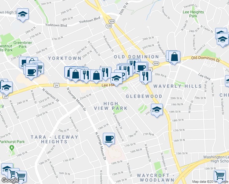 map of restaurants, bars, coffee shops, grocery stores, and more near 2110 North Culpeper Street in Arlington