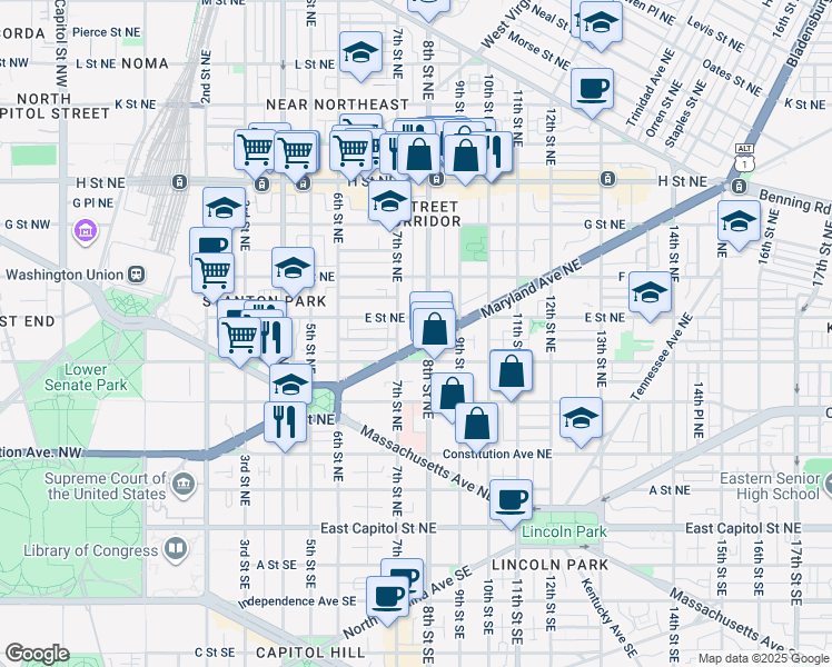 map of restaurants, bars, coffee shops, grocery stores, and more near 724 Maryland Avenue Northeast in Washington