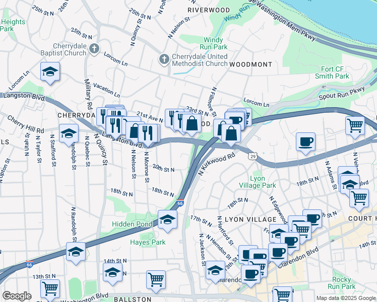map of restaurants, bars, coffee shops, grocery stores, and more near 3219 20th Road North in Arlington