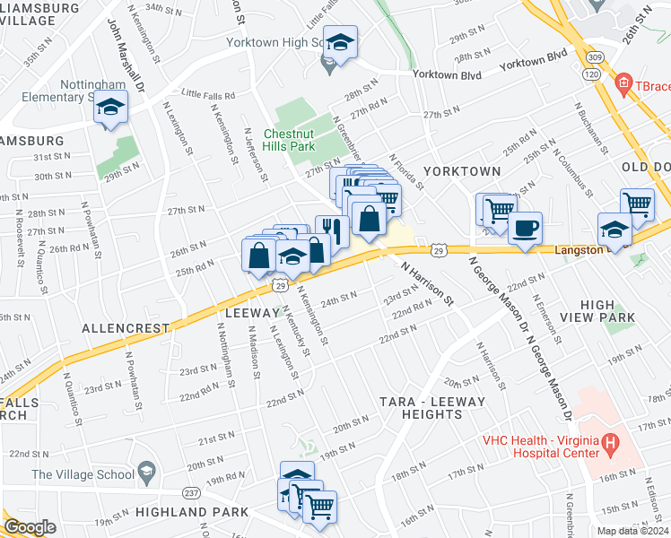 map of restaurants, bars, coffee shops, grocery stores, and more near 5596 Lee Highway in Arlington