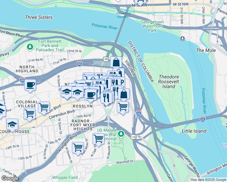 map of restaurants, bars, coffee shops, grocery stores, and more near North Lynn Street in Arlington
