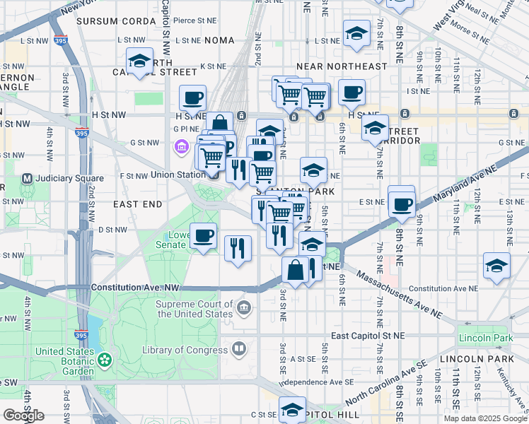 map of restaurants, bars, coffee shops, grocery stores, and more near 101 Independence Avenue Southeast in Washington