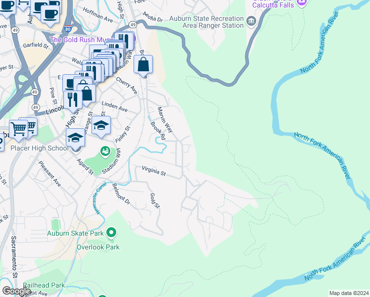 map of restaurants, bars, coffee shops, grocery stores, and more near 217 Brook Road in Auburn