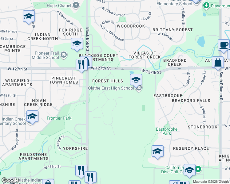 map of restaurants, bars, coffee shops, grocery stores, and more near 14715 West 128th Street in Olathe