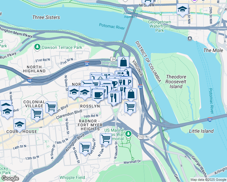 map of restaurants, bars, coffee shops, grocery stores, and more near 1700 North Moore Street in Arlington