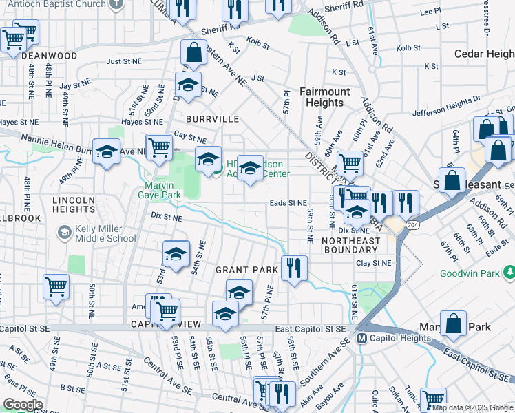 map of restaurants, bars, coffee shops, grocery stores, and more near 5623 Eads Street Northeast in Washington