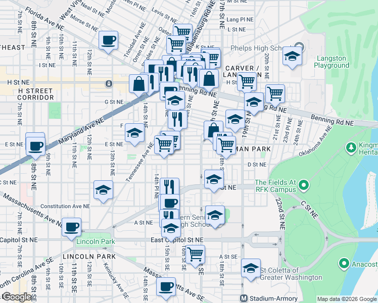 map of restaurants, bars, coffee shops, grocery stores, and more near 101 Independence Avenue Southeast in Washington