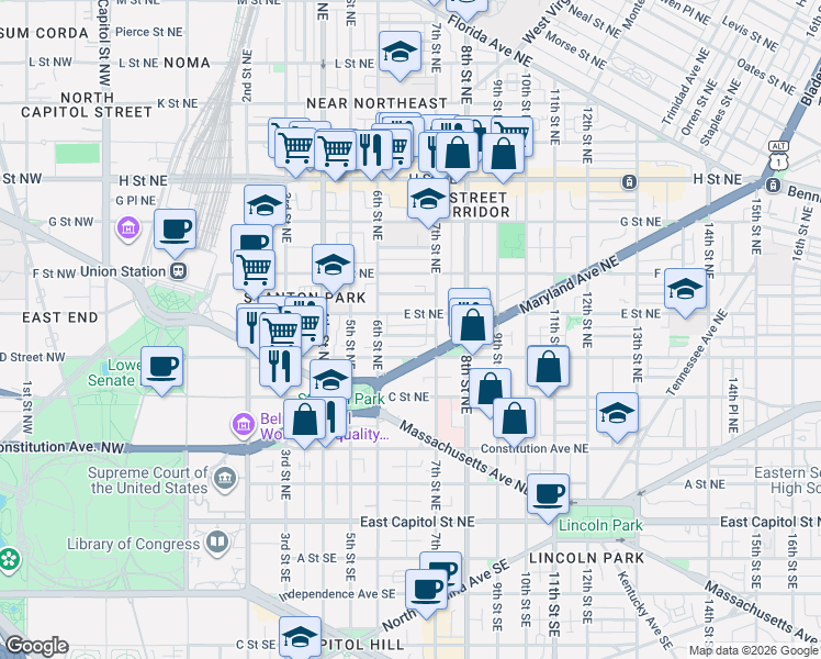 map of restaurants, bars, coffee shops, grocery stores, and more near 101 Independence Avenue Southeast in Washington