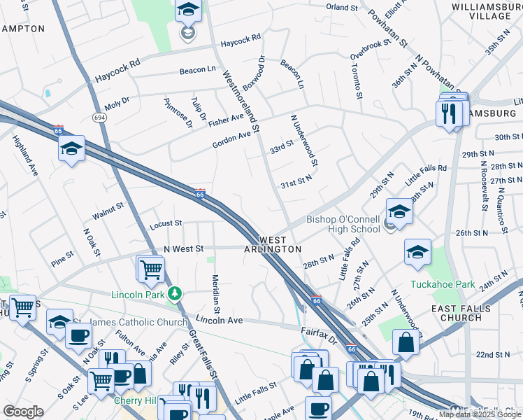 map of restaurants, bars, coffee shops, grocery stores, and more near 6919 30th Street North in Arlington