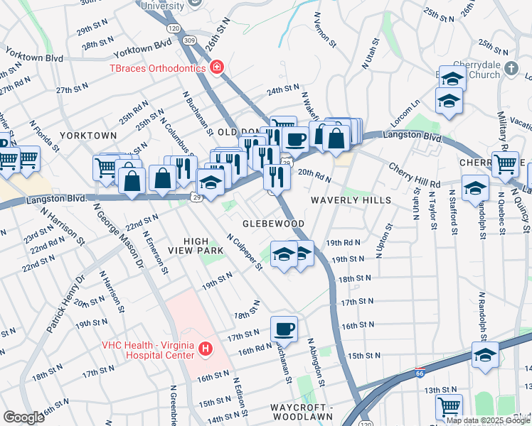 map of restaurants, bars, coffee shops, grocery stores, and more near 4745 21st Street North in Arlington