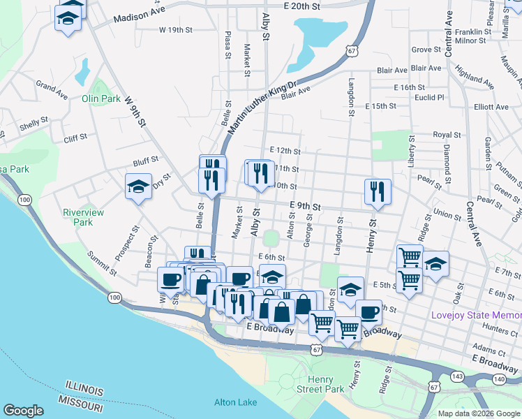 map of restaurants, bars, coffee shops, grocery stores, and more near 100 East 8th Street in Alton