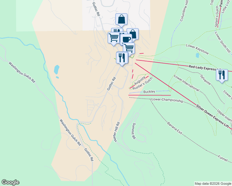 map of restaurants, bars, coffee shops, grocery stores, and more near 14 Castle Road in Crested Butte