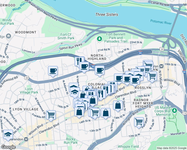 map of restaurants, bars, coffee shops, grocery stores, and more near 2100 Langston Boulevard in Arlington