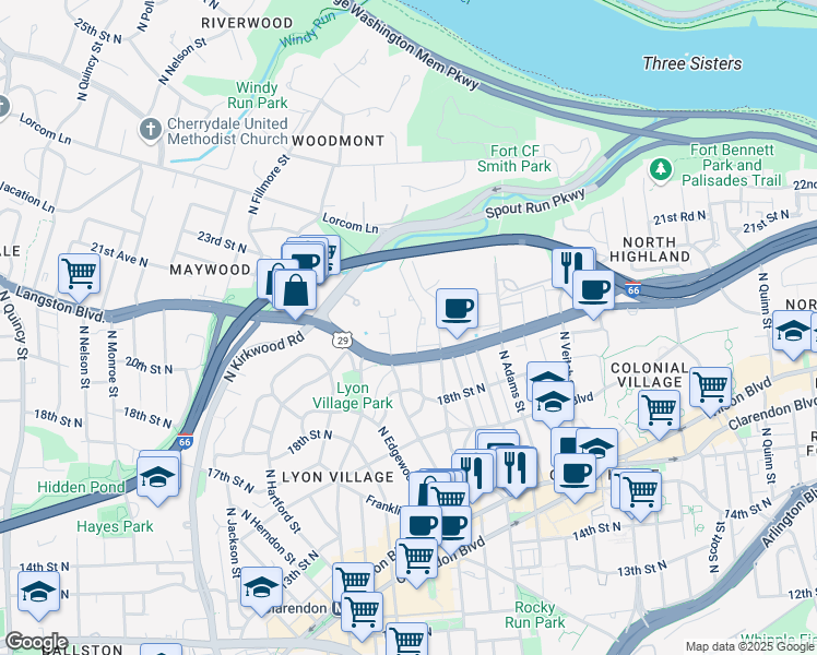 map of restaurants, bars, coffee shops, grocery stores, and more near 1920 North Calvert Street in Arlington
