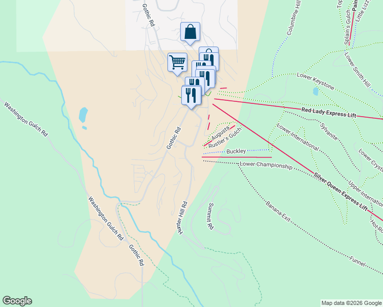 map of restaurants, bars, coffee shops, grocery stores, and more near 14 Hunter Hill Road in Crested Butte