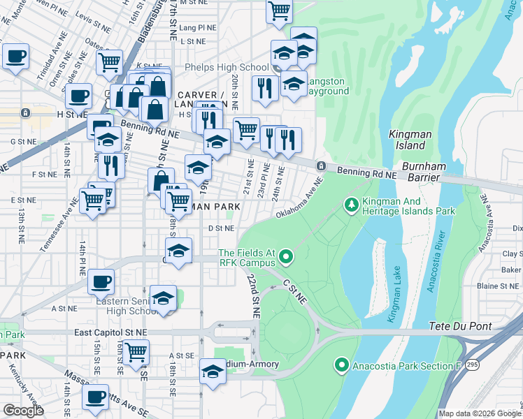 map of restaurants, bars, coffee shops, grocery stores, and more near 101 Independence Avenue Southeast in Washington
