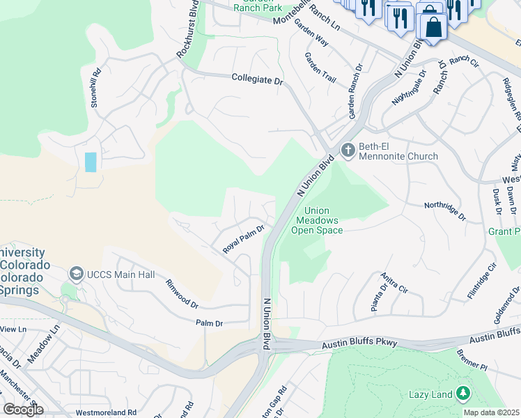 map of restaurants, bars, coffee shops, grocery stores, and more near 2519 Blazek Loop in Colorado Springs