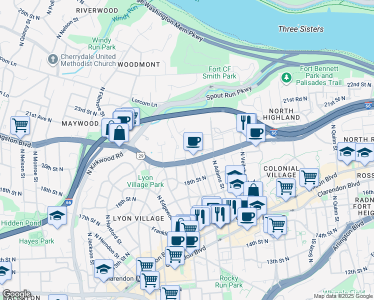 map of restaurants, bars, coffee shops, grocery stores, and more near 1931 North Cleveland Street in Arlington