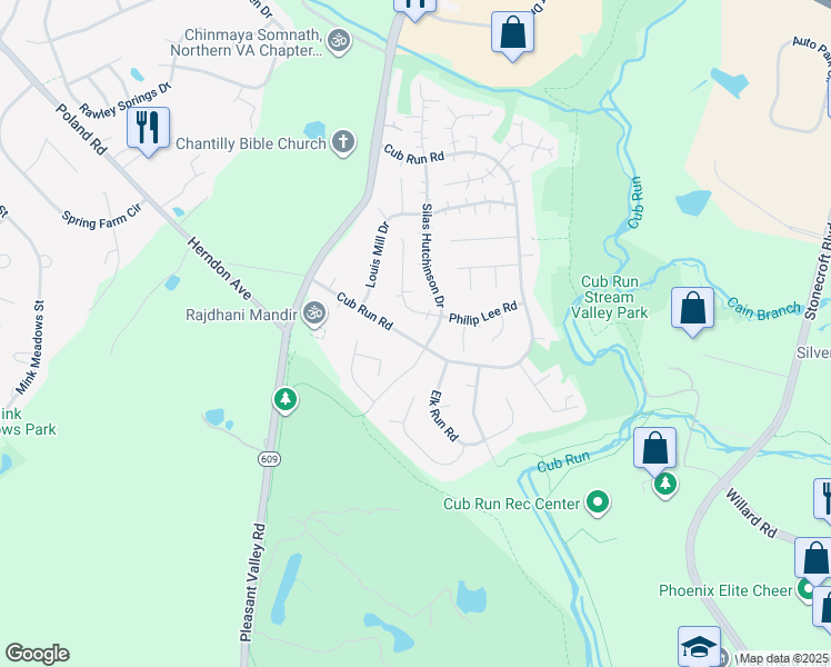 map of restaurants, bars, coffee shops, grocery stores, and more near 4502 Cub Run Road in Chantilly