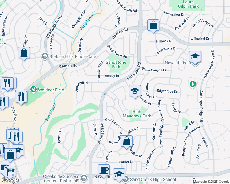 map of restaurants, bars, coffee shops, grocery stores, and more near 6924 Ash Creek Heights in Colorado Springs