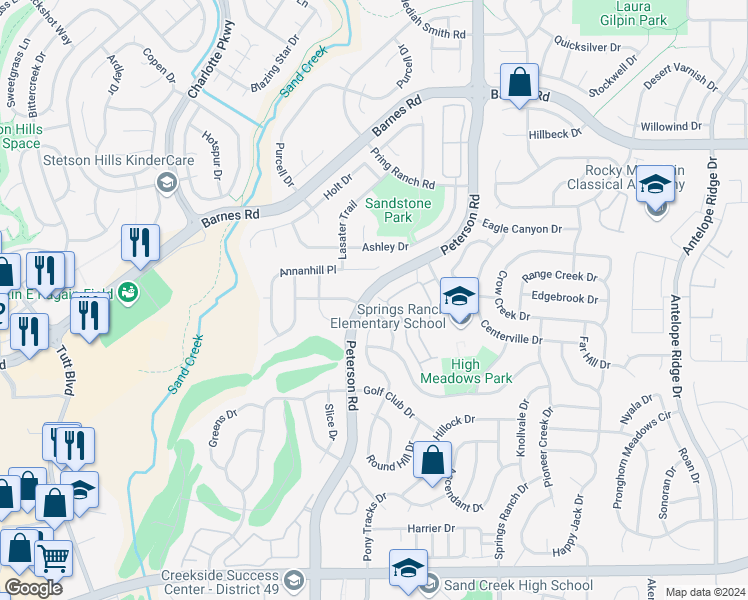 map of restaurants, bars, coffee shops, grocery stores, and more near 4414 Round Hill Drive in Colorado Springs