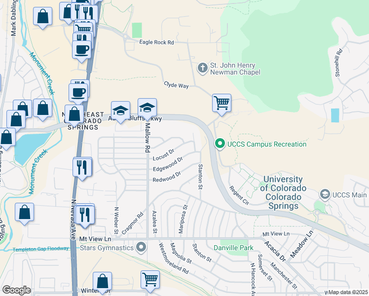 map of restaurants, bars, coffee shops, grocery stores, and more near 429 Edgewood Drive in Colorado Springs