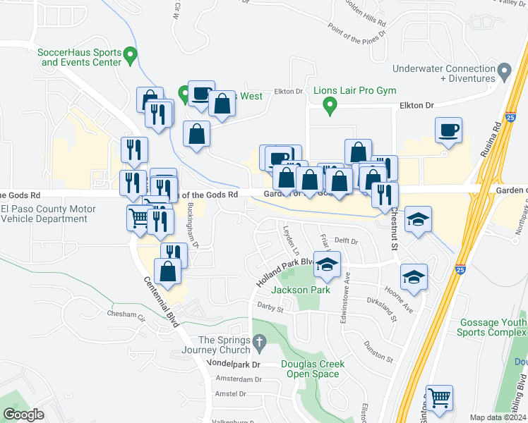 map of restaurants, bars, coffee shops, grocery stores, and more near 4301 Forrest Hill Road in Colorado Springs