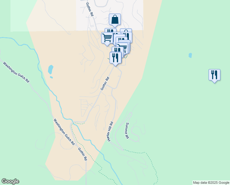 map of restaurants, bars, coffee shops, grocery stores, and more near 14 Hunter Hill Road in Crested Butte