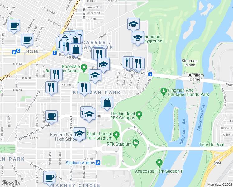 map of restaurants, bars, coffee shops, grocery stores, and more near 101 Independence Avenue Southeast in Washington
