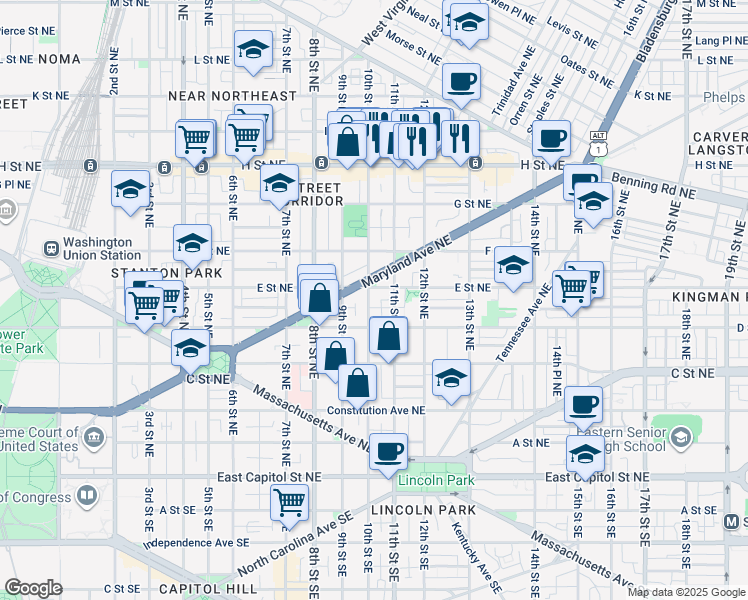 map of restaurants, bars, coffee shops, grocery stores, and more near 101 Independence Avenue Southeast in Washington