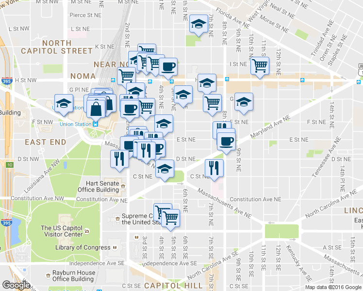 map of restaurants, bars, coffee shops, grocery stores, and more near 101 Independence Avenue Southeast in Washington