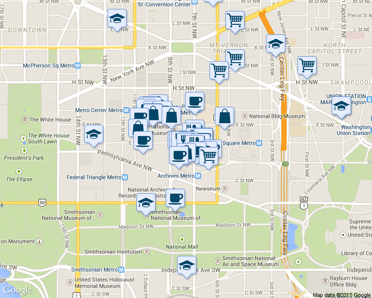 map of restaurants, bars, coffee shops, grocery stores, and more near 101 Independence Avenue Southeast in Washington