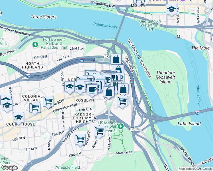 map of restaurants, bars, coffee shops, grocery stores, and more near 101 Independence Avenue Southeast in Washington