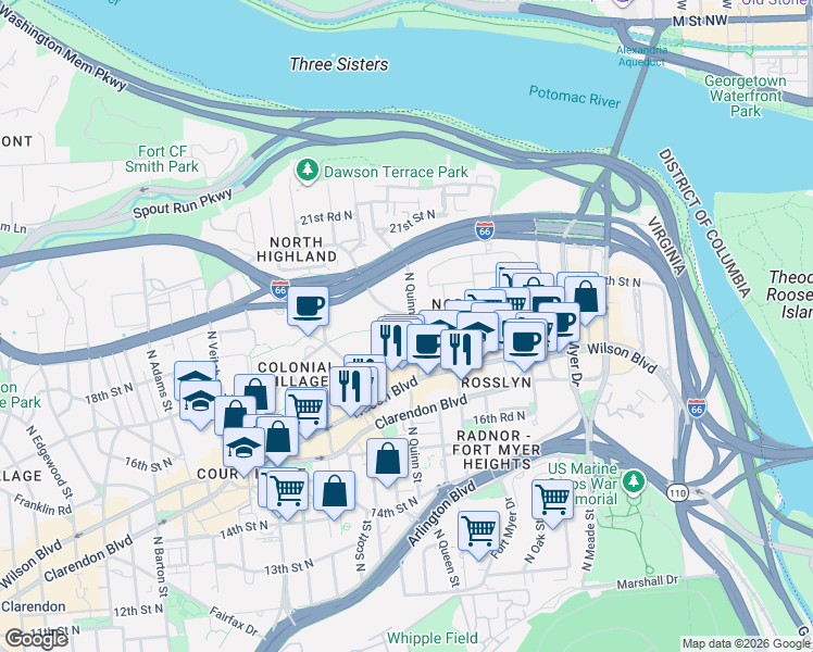 map of restaurants, bars, coffee shops, grocery stores, and more near 101 Independence Avenue Southeast in Washington