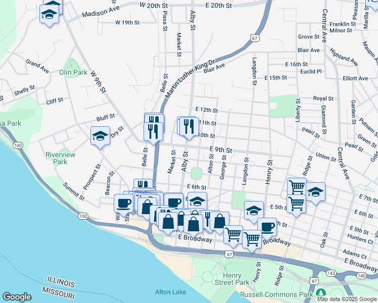 map of restaurants, bars, coffee shops, grocery stores, and more near 100 East 8th Street in Alton