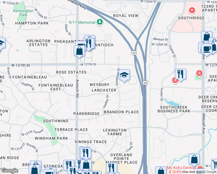 map of restaurants, bars, coffee shops, grocery stores, and more near 12801 Hadley Street in Overland Park